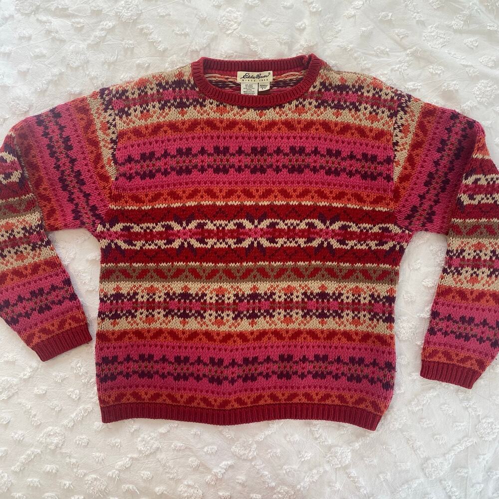 Vintage Eddie Bauer Fair Isle Cotton Knit Sweater Womens Sz Small Red Pink